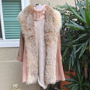 Vintage 80’s Tan Woolf Fur Collar Suede Leather Open Front Coat